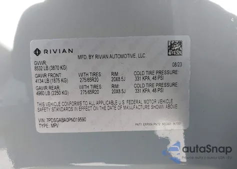 2023 Rivian R1S Adventure z USA, uszkodzony, nr VIN 7PDSGABA0PN019590